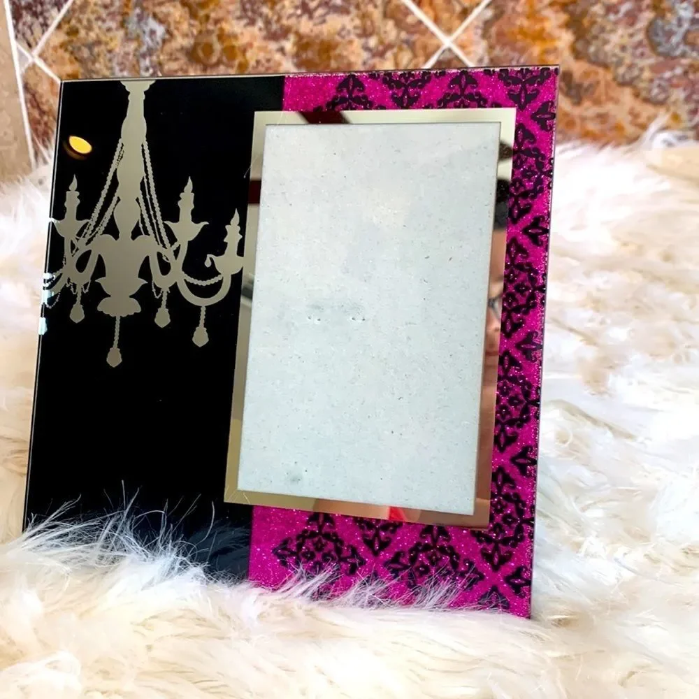 Black Gloss Pink Glitter Damask Chandelier Picture Frame